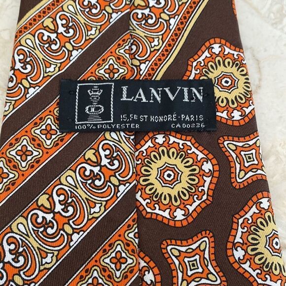 Vintage Lanvin 1970’s Wide Tie Brown Orange Tan - Picture 5 of 7